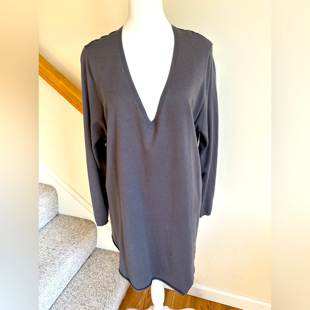 Joie gray, light sweater with lace back and asymmetrical hem. Size large.